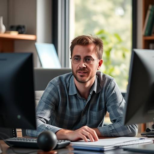 Ben Smith, Senior Programmer, at his desk.